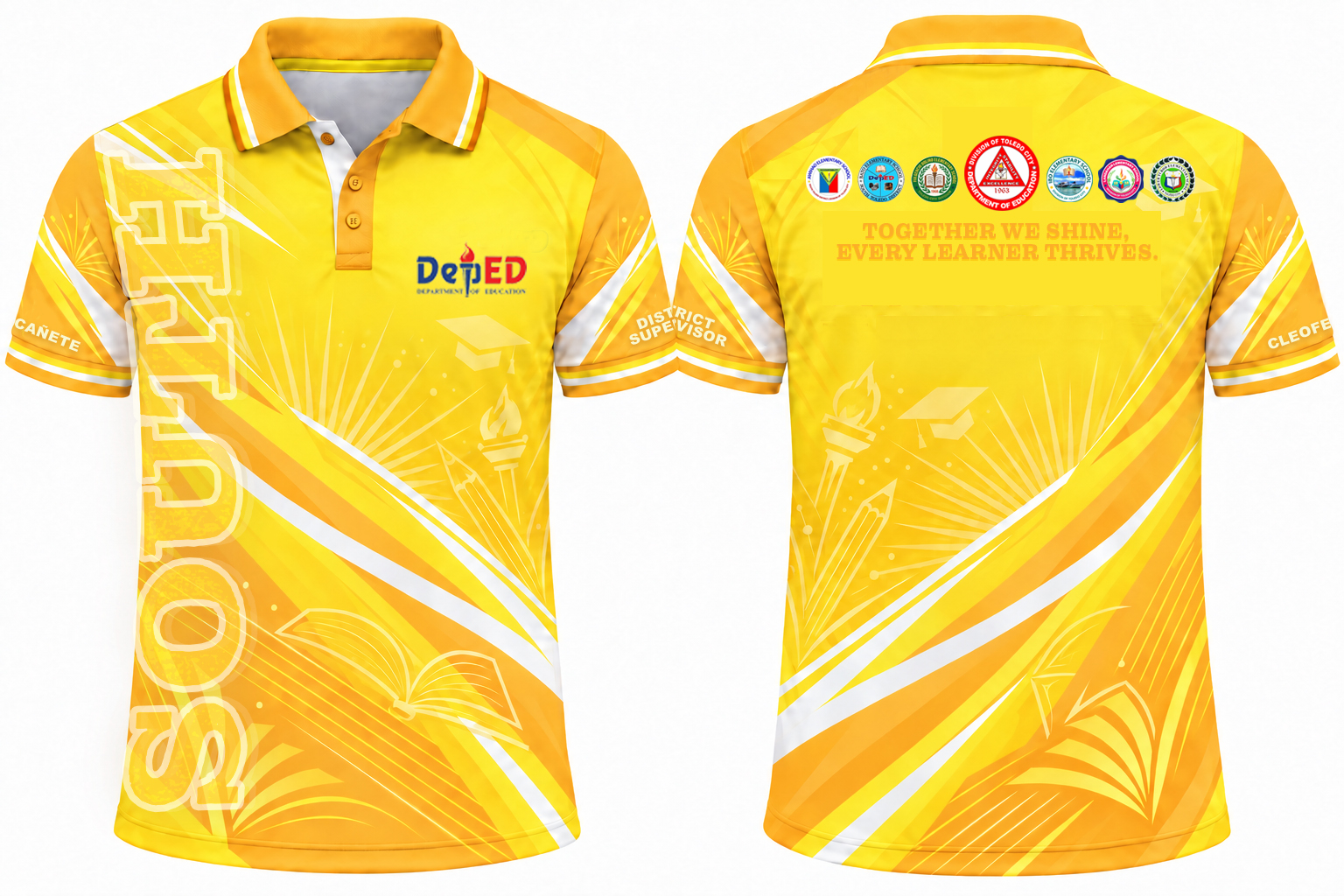 South District yellow and gold polo uniform, front and back